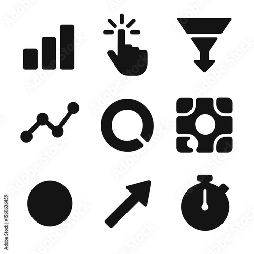 User Engagement Icons. Solid, filled icon set of user engagement metrics: engagement bar, interaction rate, conversion path, click