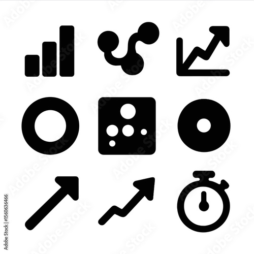 User Engagement Icons. Solid, filled icon set of user engagement metrics: engagement bar, interaction rate, conversion path, click