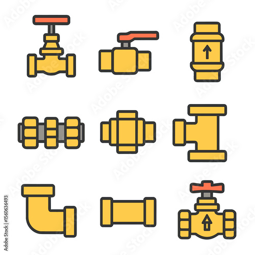 Valve and Fitting Icons. Flat icon set of valves and fittings: gate valve, ball valve, check valve, compression fitting, union