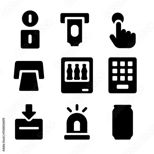 Vending Machine Icons. Solid, Filled icon set of vending machine interactions: coin slot, bill acceptor, selection button,