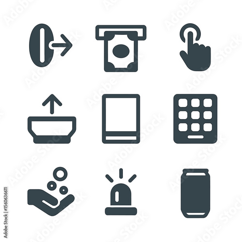 Vending Machine Icons. Flat icon set of vending machine interactions: coin slot, bill acceptor, selection button, dispense chute,