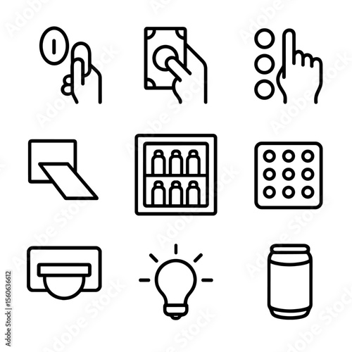 Vending Machine Icons. Outline icon set of vending machine interactions: coin slot, bill acceptor, selection button, dispense