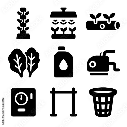 Vertical Farming Icons. Solid, filled icon set of vertical farming: grow tower, LED light, hydroponic tube, leafy greens, nutrient