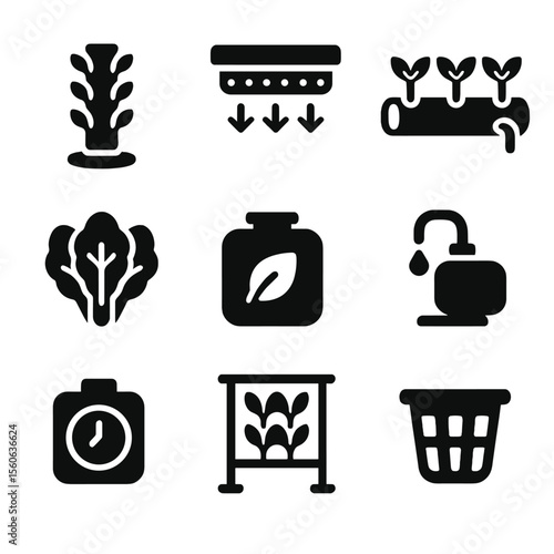Vertical Farming Icons. Solid, filled icon set of vertical farming: grow tower, LED light, hydroponic tube, leafy greens, nutrient