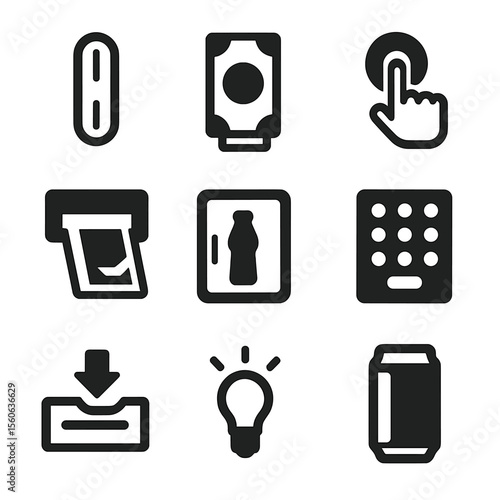 Vending Machine Icons. Flat icon set of vending machine interactions: coin slot, bill acceptor, selection button, dispense chute,
