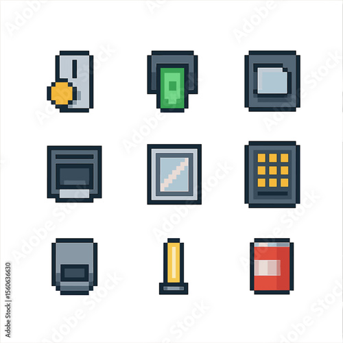 Vending Machine Icons. Pixel art icon set of vending machine interactions: coin slot, bill acceptor, selection button, dispense