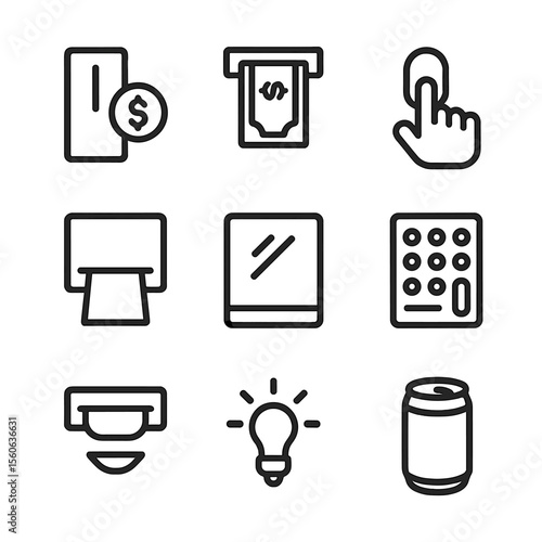 Vending Machine Icons. Outline icon set of vending machine interactions: coin slot, bill acceptor, selection button, dispense