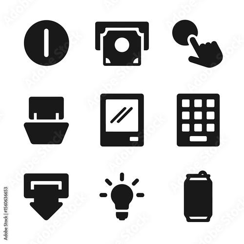 Vending Machine Icons. Solid, Filled icon set of vending machine interactions: coin slot, bill acceptor, selection button,