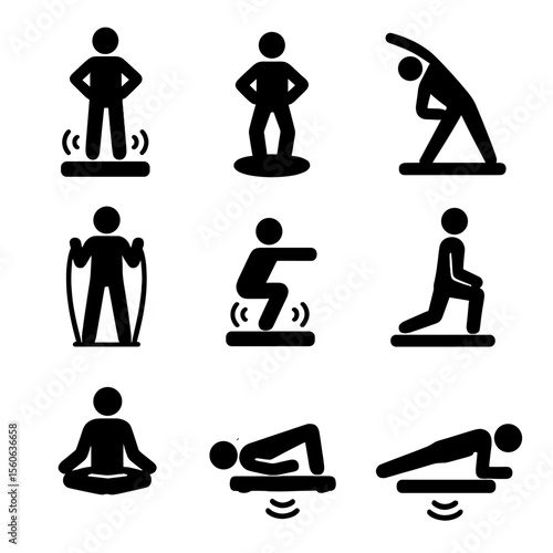 Vibration Therapy Exercises Icons. Solid, filled icon set of vibration therapy exercises: standing on platform, balance board,