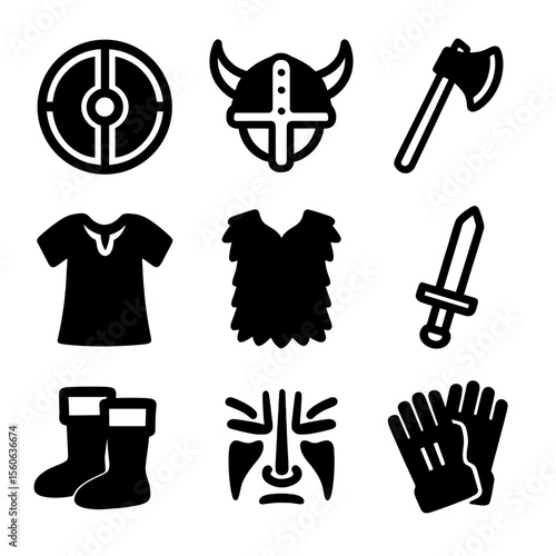 Viking Gear Icon Set. Solid, filled icon set of Viking reenactment gear: shield, helmet, axe, sword, tunic, fur vest, boots, war