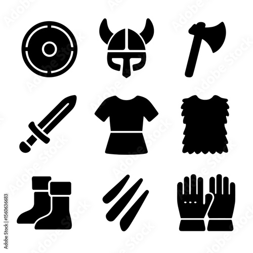 Viking Gear Icon Set. Solid, filled icon set of Viking reenactment gear: shield, helmet, axe, sword, tunic, fur vest, boots, war