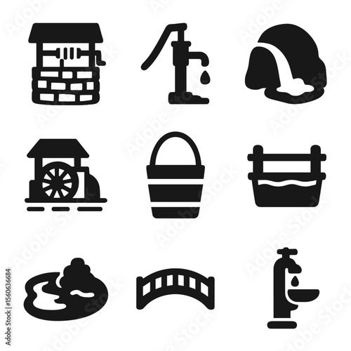 Village Water Icons. Solid, Filled icon set of village water sources: stone well, hand pump, spring stream, water wheel, wooden