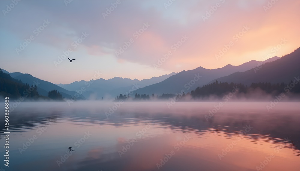 Fototapeta premium A serene mountain lake at sunrise, mist over the water, soft pink and orange sky reflected on the surface.