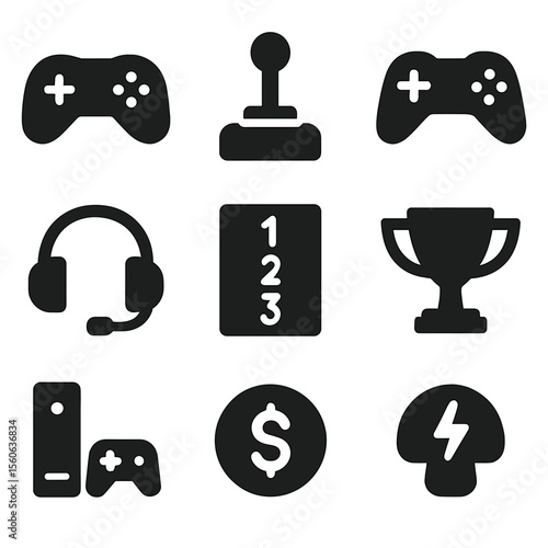 Virtual Gaming Icons. Solid, filled icon set of Virtual gaming elements: game controller, joystick, gamepad, headset, leaderboard,