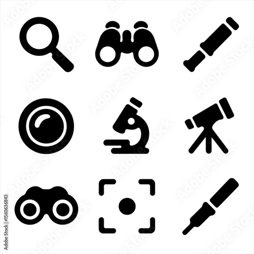 Vision Tools Icons. Solid, filled icon set of staring tools and gadgets: magnifying glass, binoculars, spyglass, camera lens,