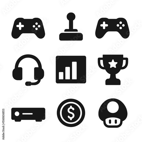 Virtual Gaming Icons. Solid, filled icon set of Virtual gaming elements: game controller, joystick, gamepad, headset, leaderboard,