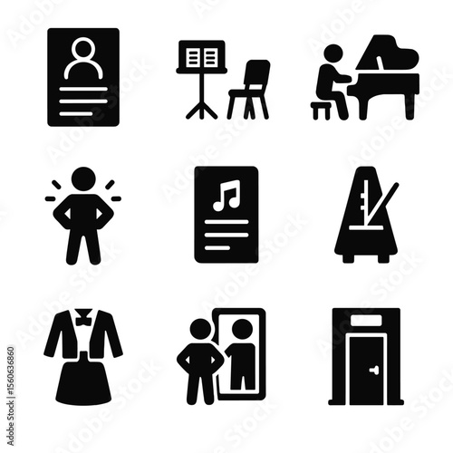 Vocal Audition Icons. Solid, filled icon set of vocal audition preparation: audition form, rehearsal room, piano accompanist,