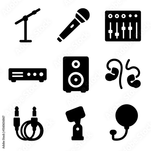 Vocal Equipment Icons. Solid, filled icon set of vocal equipment for events: microphone stand, wireless mic, audio mixer,