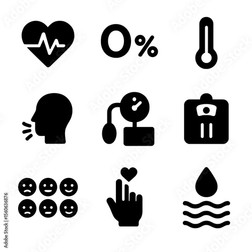 Vital Signs Icons. Solid, filled icon set of patient vital signs: heartbeat, oxygen saturation, body temperature, respiration rate