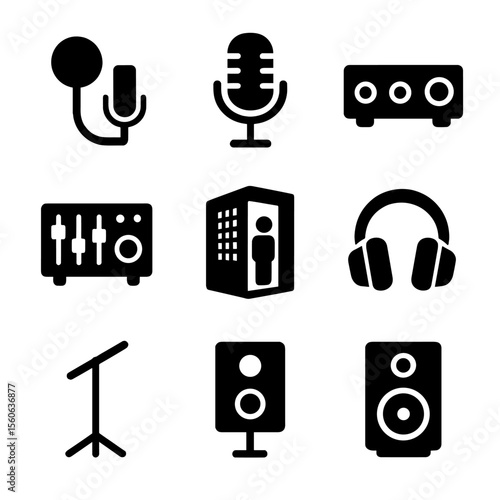 Vocal Recording Icons. Solid, filled icon set of studio vocal recording gear: pop filter, condenser mic, audio interface, mixing