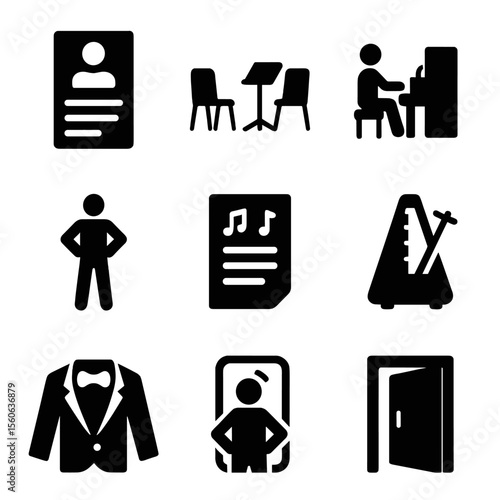 Vocal Audition Icons. Solid, filled icon set of vocal audition preparation: audition form, rehearsal room, piano accompanist,