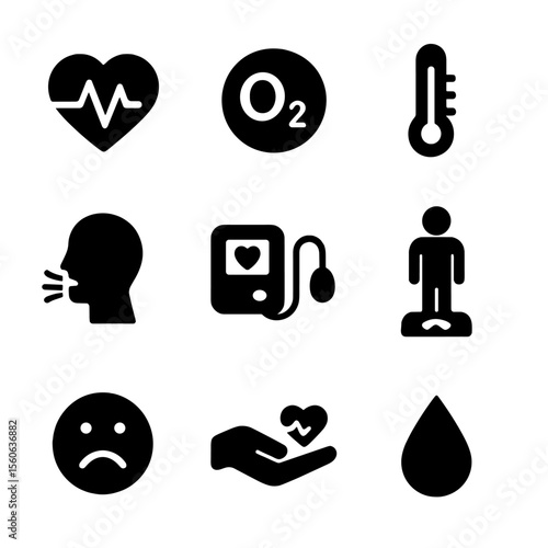 Vital Signs Icons. Solid, filled icon set of patient vital signs: heartbeat, oxygen saturation, body temperature, respiration rate
