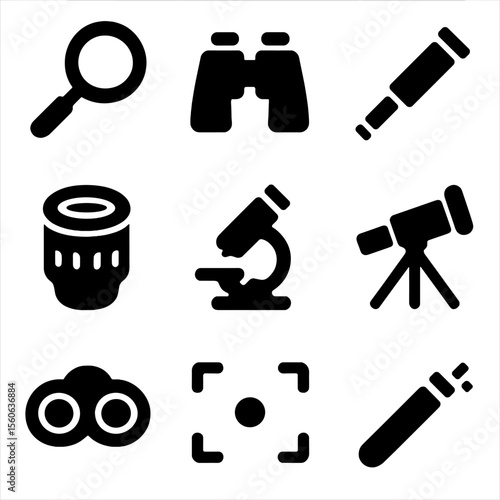 Vision Tools Icons. Solid, filled icon set of staring tools and gadgets: magnifying glass, binoculars, spyglass, camera lens,