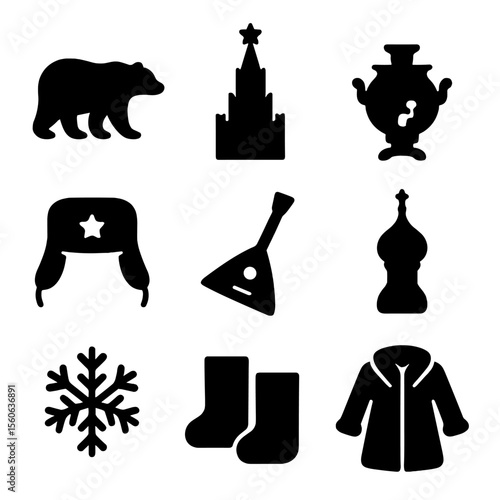Vodka Cultural Icons. Solid, filled icon set of vodka cultural symbols: Russian bear, Kremlin silhouette, samovar, ushanka hat,