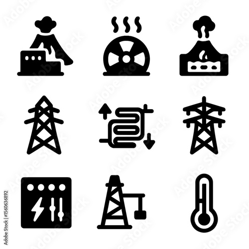 Volcanic Energy Icons. Solid, filled icon set of volcanic energy sources: geothermal plant, steam turbine, hot water reservoir,