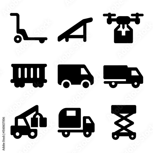 Warehouse Transportation Icons. Solid, filled icon set of warehouse transportation: pallet truck, loading ramp, delivery drone,