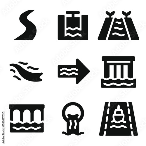 Water Channel Icons. Solid, filled icon set of water channels: river curve, canal lock, irrigation channel, water stream, flow