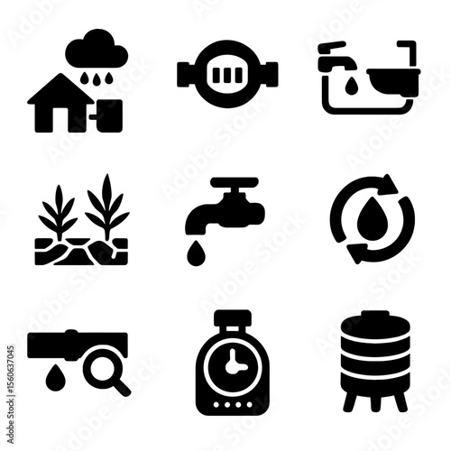 Water Conservation Icons. Solid, filled icon set of water conservation in zero waste cities: rainwater harvesting, water meter,