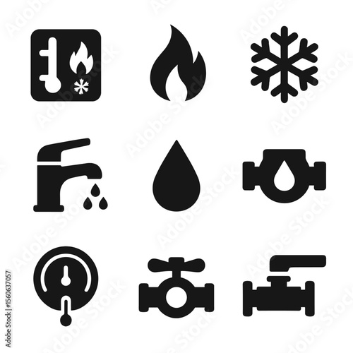 Water Control Icons. Solid, filled icon set of water temperature and flow control: thermostat, hot water, cold water, mixer tap,