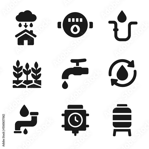 Water Conservation Icons. Solid, filled icon set of water conservation in zero waste cities: rainwater harvesting, water meter,