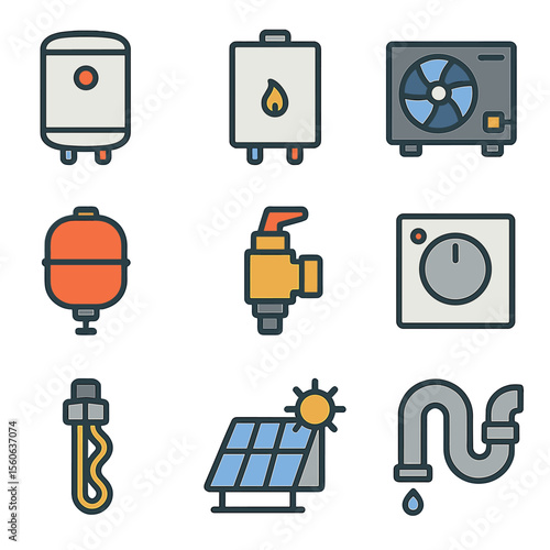 Water Heating Icons. Flat icon set of water heating systems: tank water heater, tankless heater, heat pump unit, expansion tank,