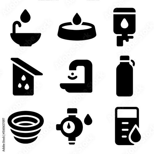 Water Efficiency Icons. Solid, Filled icon set of water-saving hydration: drip fountain, ceramic water bowl, filtered water