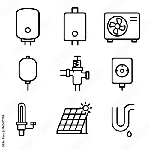 Water Heating Icons. Outline icon set of water heating systems: tank water heater, tankless heater, heat pump unit, expansion tank