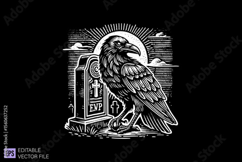 raven in graveyard dark art scary creepy illustration engraving style tattoo vector black and white background templates