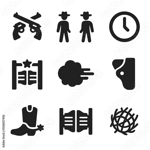 Western Showdown Icons. Solid, filled icon set of Western showdowns: dueling pistols, cowboy standoff, high noon clock, saloon