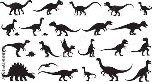 A black vector set of running dinosaur silhouettes and other wild animal outlines