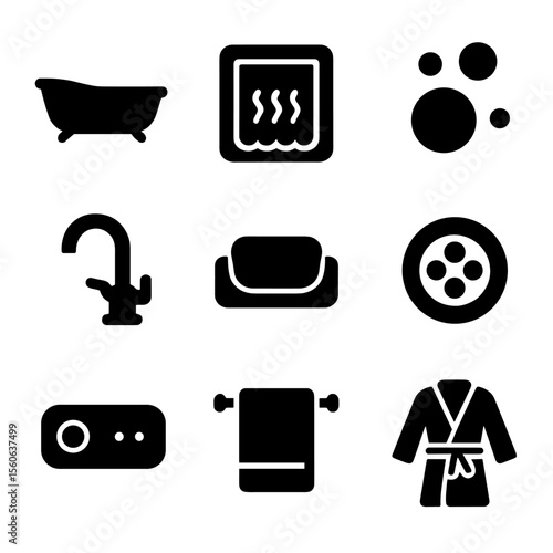 Whirlpool Bath Icon Set. Solid, filled icon set of whirlpool bath features: bathtub, water jets, bubbles, faucet, headrest, drain,