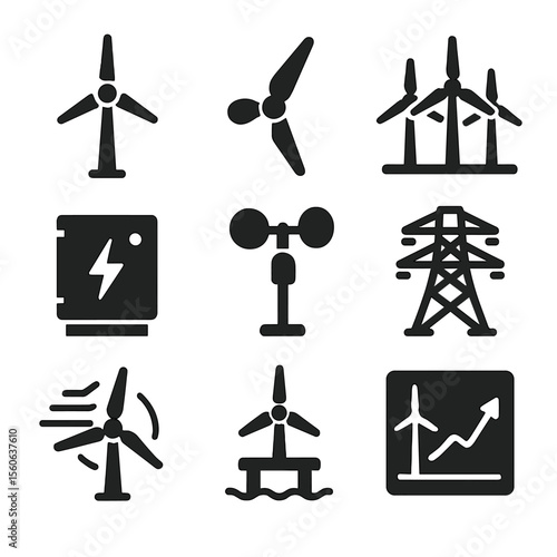 Wind Energy Icons. Solid, filled icon set of wind energy: wind turbine, rotor blade, wind farm, generator box, wind sensor,