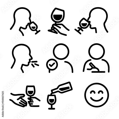 Wine Tasting Icons. Solid, filled icon set of wine tasting gestures: sniffing wine, swirling glass, sipping wine, spitting wine,
