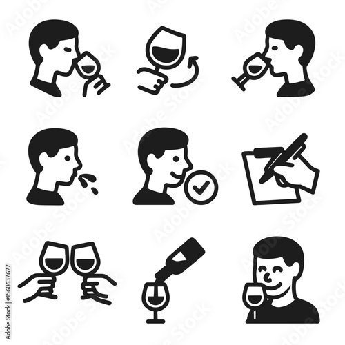 Wine Tasting Icons. Solid, filled icon set of wine tasting gestures: sniffing wine, swirling glass, sipping wine, spitting wine,