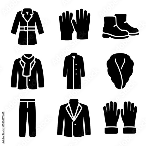 Winter Attire Icons. Solid, filled icon set of formal winter attire: wool trench, cashmere gloves, leather boots, scarf over suit,