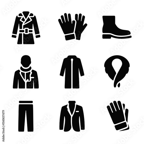 Winter Attire Icons. Solid, filled icon set of formal winter attire: wool trench, cashmere gloves, leather boots, scarf over suit,