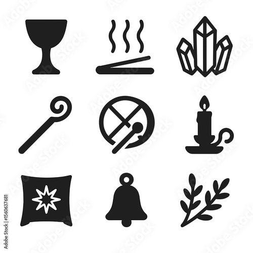 Winter Solstice Icons. Solid, filled icon set of Winter solstice ritual objects: chalice, incense, crystals, staff, drum, candle