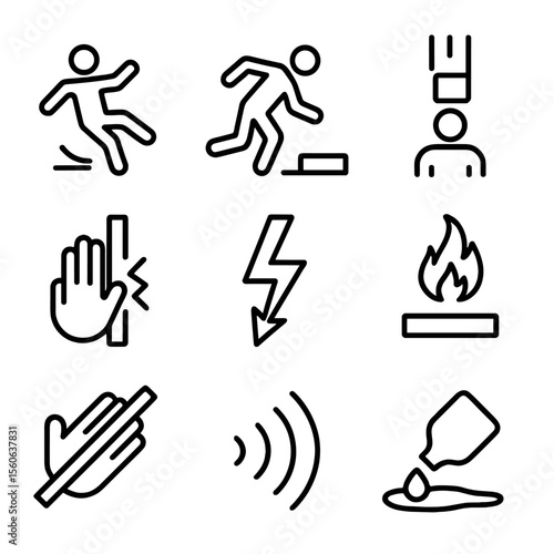 Workplace Hazard Icons. Outline icon set of workplace hazard identification: slip icon, trip hazard, falling object, pinch point,