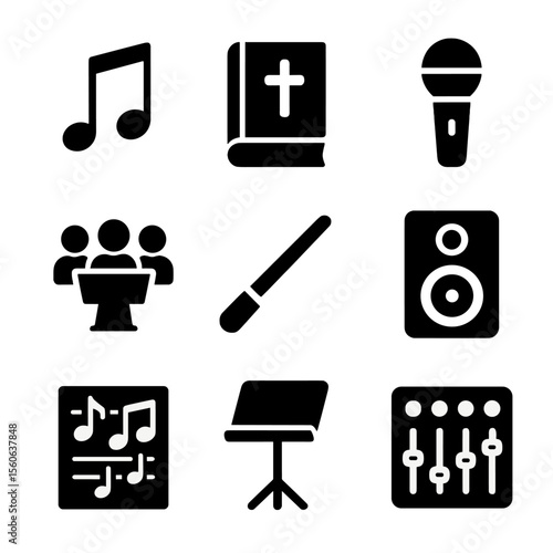 Worship Music Icons. Solid, filled icon set of worship music components: musical notes, hymn book, microphone, choir stand,