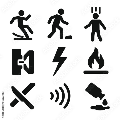 Workplace Hazard Icons. Flat icon set of workplace hazard identification: slip icon, trip hazard, falling object, pinch point,